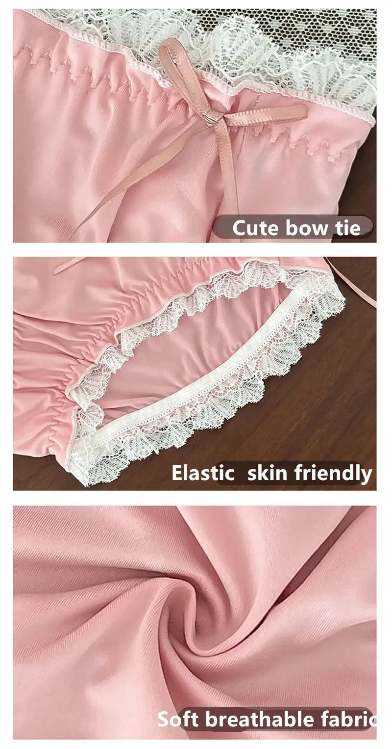 Plus-size pink satin lace panties with bow, white lace trim and elastic edges