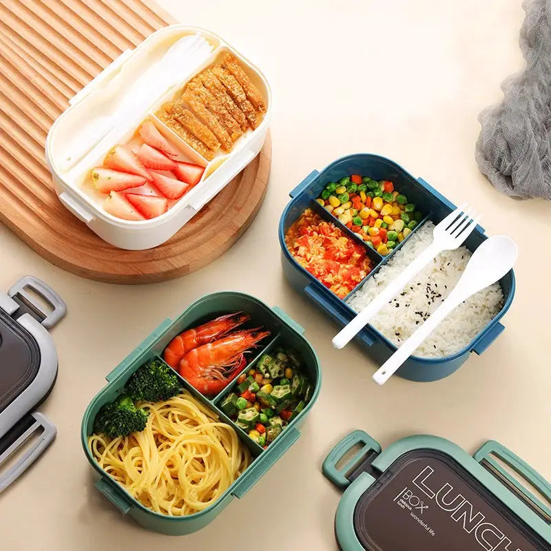 Double Layer Lunch Box Portable Meal Prep Container With Compartments Microwave Safe Leak Resistant Fork And Spoon