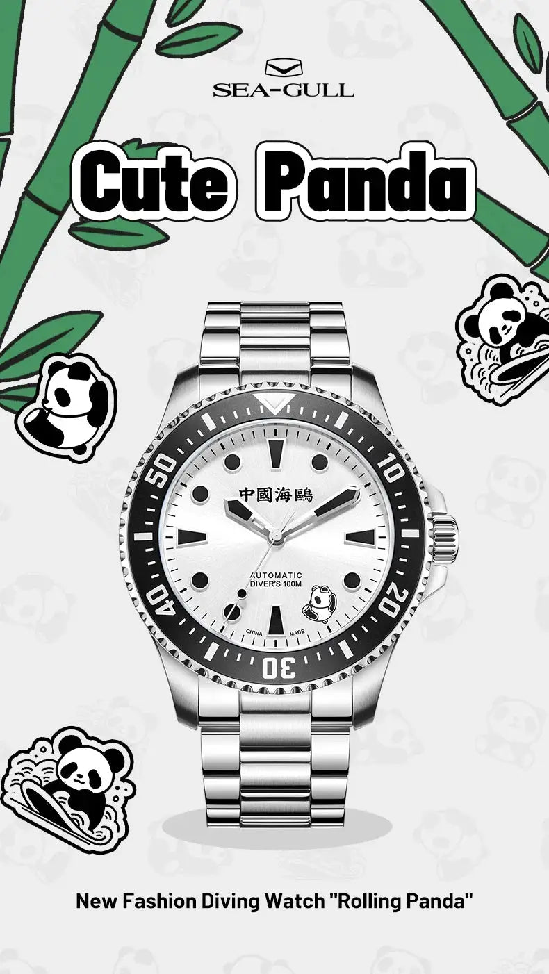 Sea-Gull Rolling Panda automatic diving watch for men with stainless steel bracelet and panda artwork