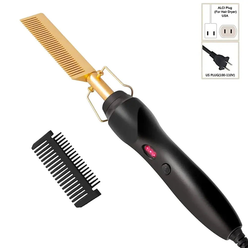 Simples Market 2-piece 2-in-1 hot comb hair straightener set with gold heated comb and black handle