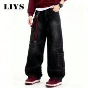 Men's wide-leg black denim jeans with cargo pockets and red stitching by LIYS