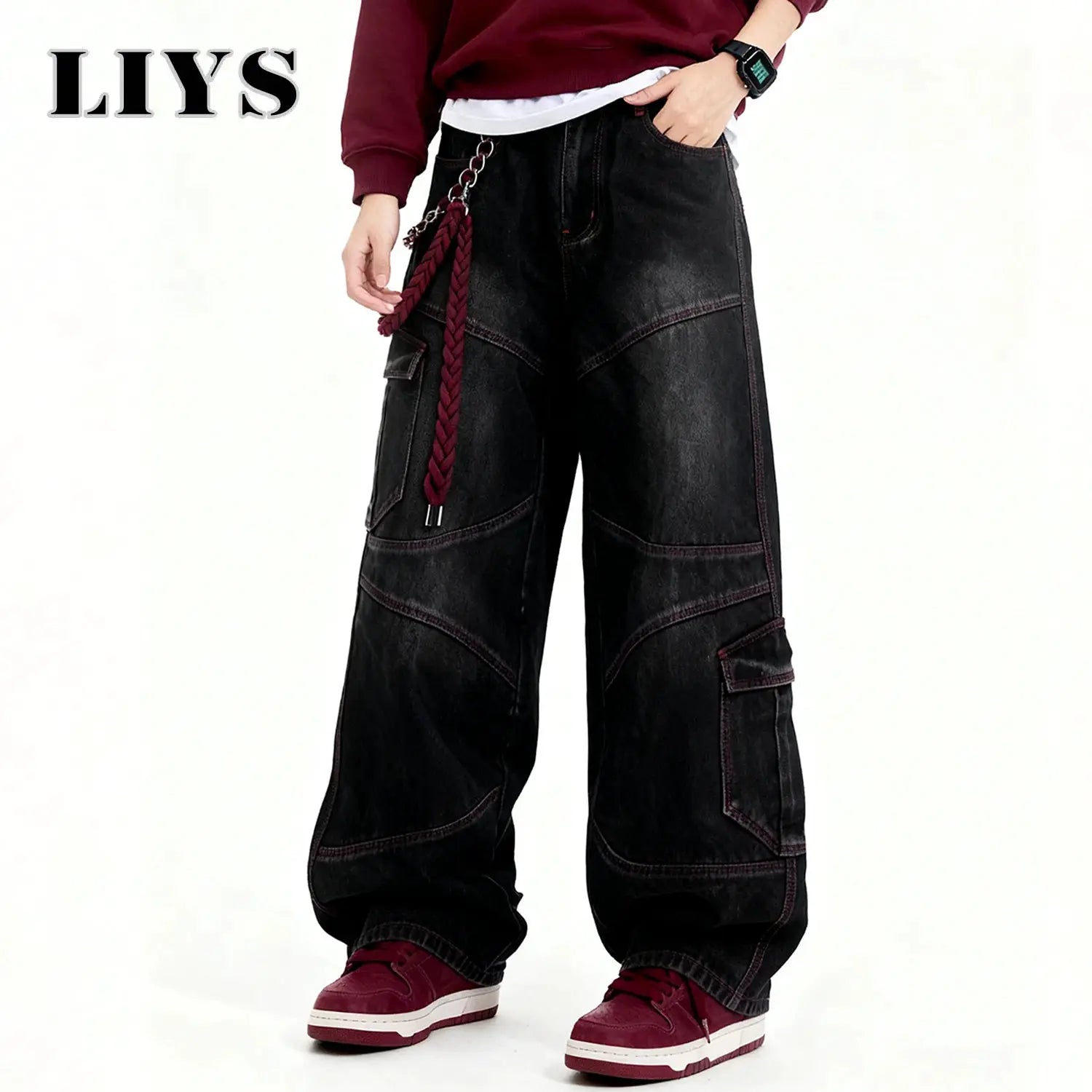 Men's wide-leg black denim jeans with cargo pockets and red stitching by LIYS