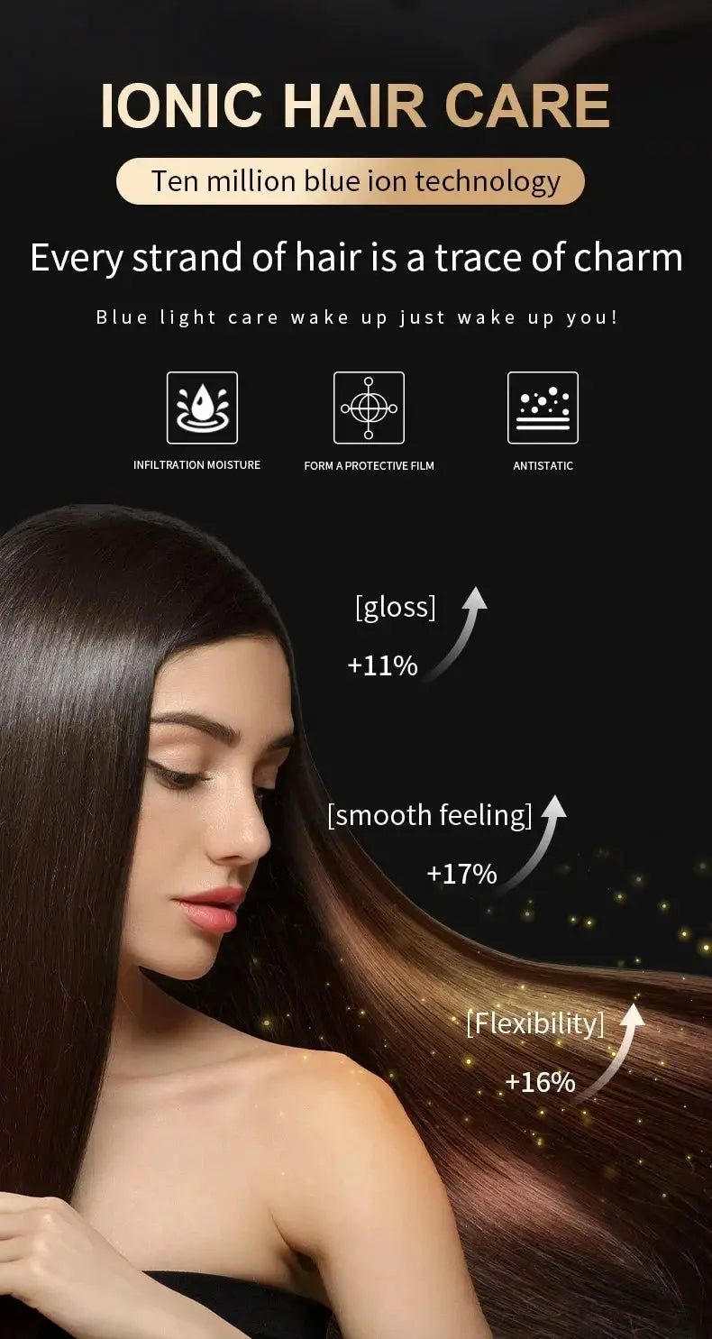 HOMEFISH ionic hair care banner showing a brunette model with glossy long hair