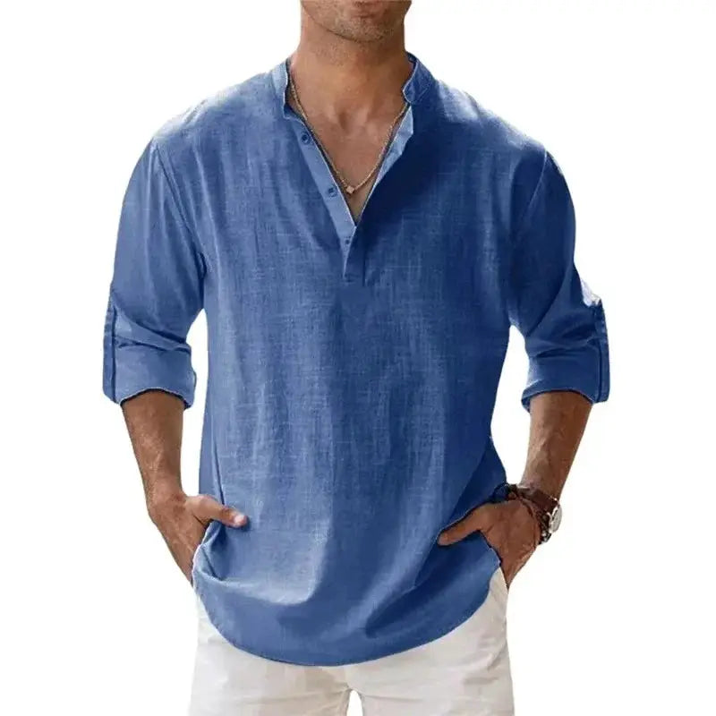 Men's Lightweight Long Sleeve Henley Shirts Cotton Linen Blend Breathable Casual Beachwear Tee