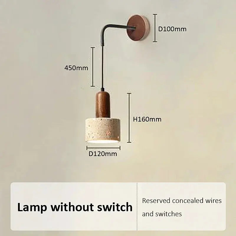 Wall lamp with peach wood finish and natural stone shade, retro bedside LED sconce by Simples Market