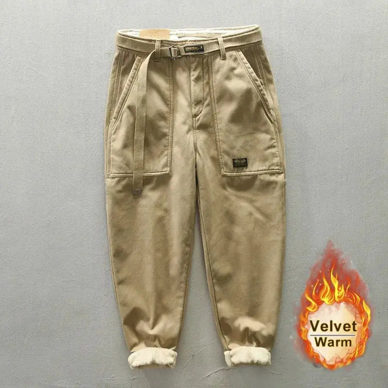 Men's beige pure cotton cargo pants with belt, large pockets, mid-rise relaxed fit, rolled cuffs.