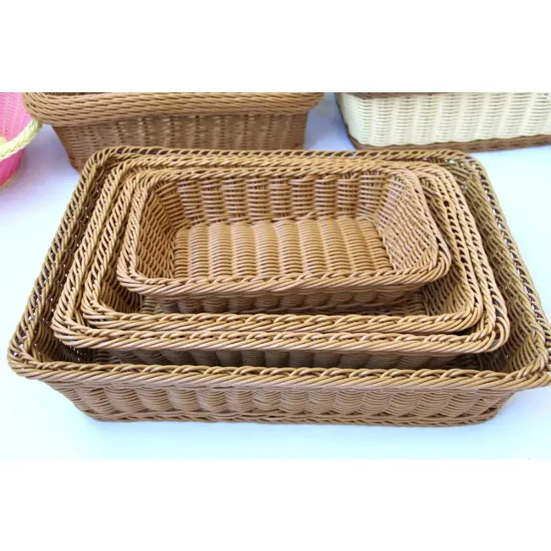 Rectangular hand-woven imitation rattan storage baskets, natural brown, set of 3 nested baskets