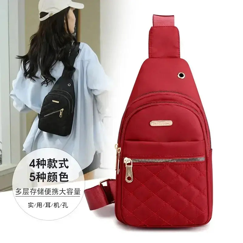 Simples Market red and black quilted crossbody backpacks with gold zippers and front pockets (2 colors shown)
