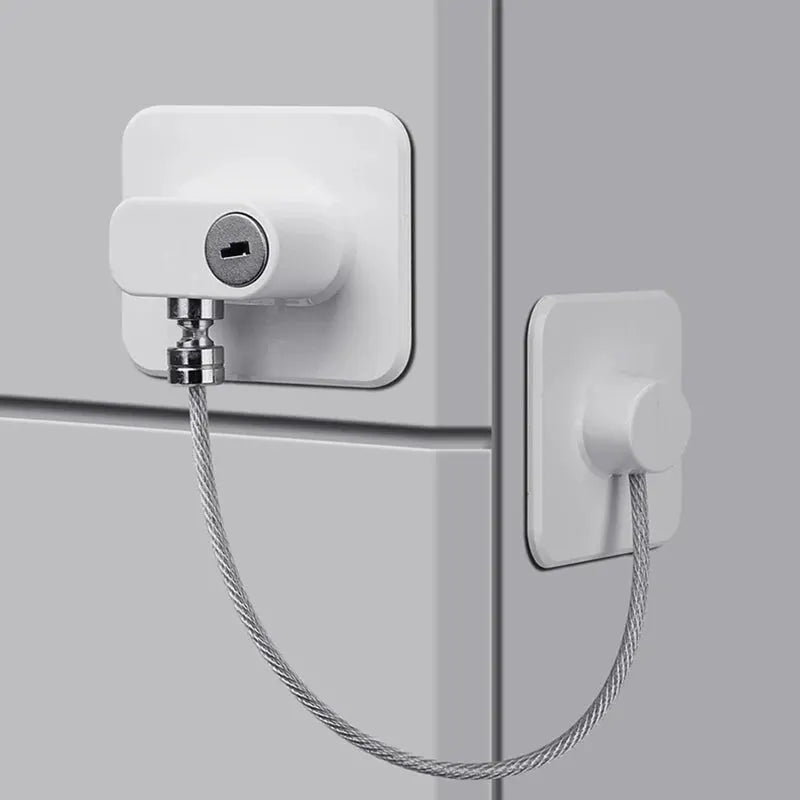 Baby safety locks, white plastic with steel cable; 2-pack for refrigerator and cabinet by Simples Market