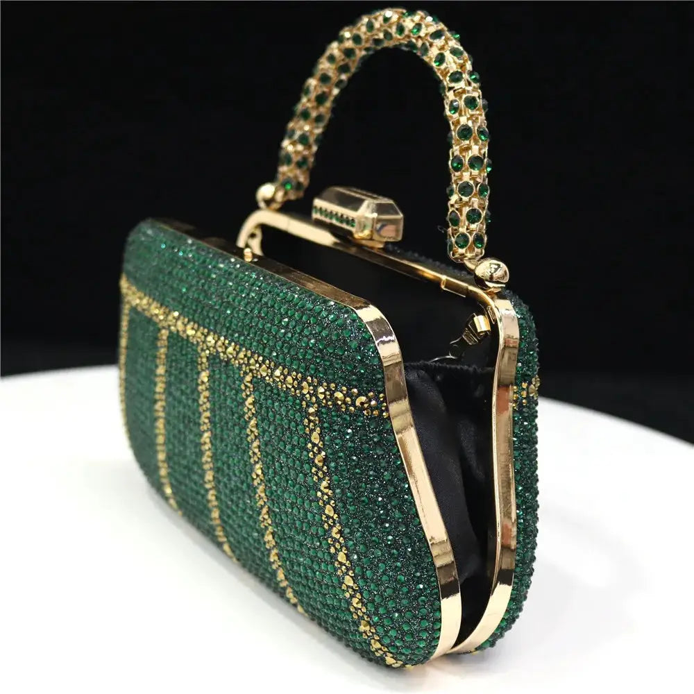Green rhinestone evening clutch with gold-tone frame and jeweled handle