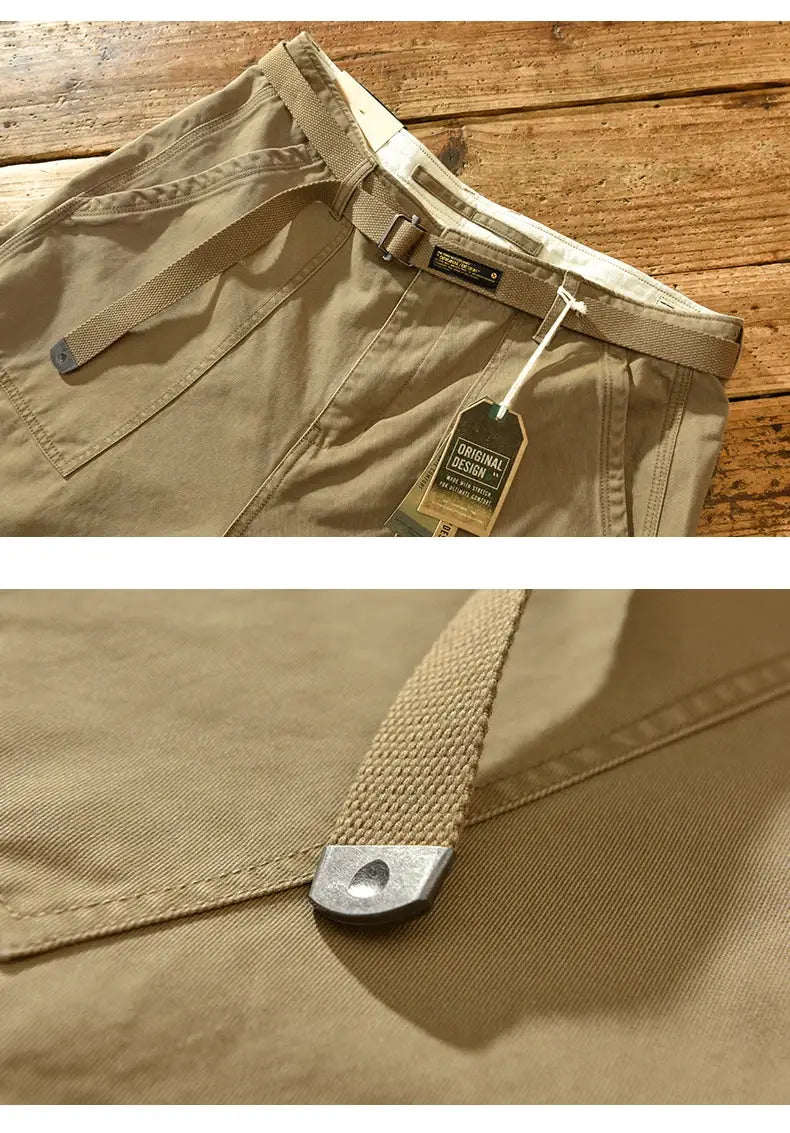 Men's khaki cargo pants with belt and metal buckle, 100% cotton, loose fit.