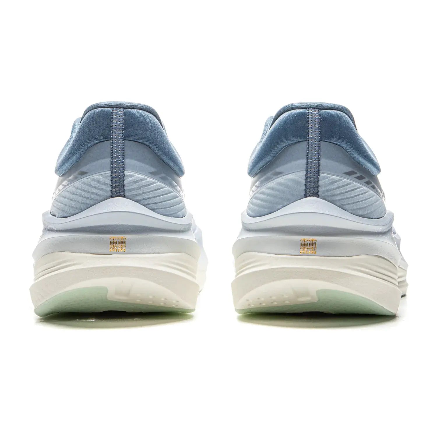 Pair of LiNing Yueying 5 Pro running shoes in blue with light gray midsole, back view.