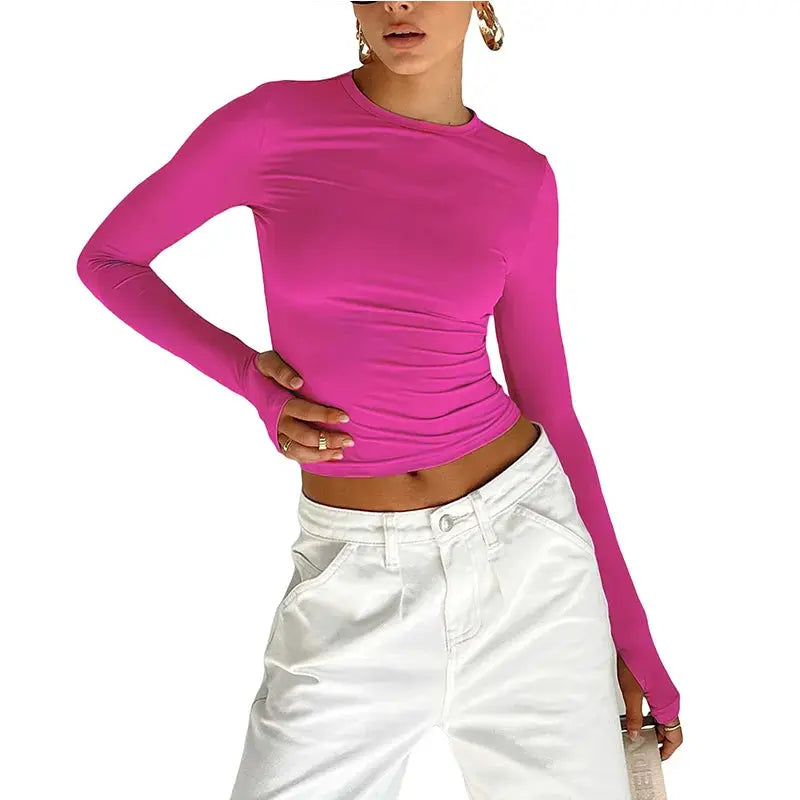 NovaTrend Women Crop Top Long Sleeve Crew Neck Slim Fit Tee Cotton Polyester Blend With Thumb Hole Design For Comfort