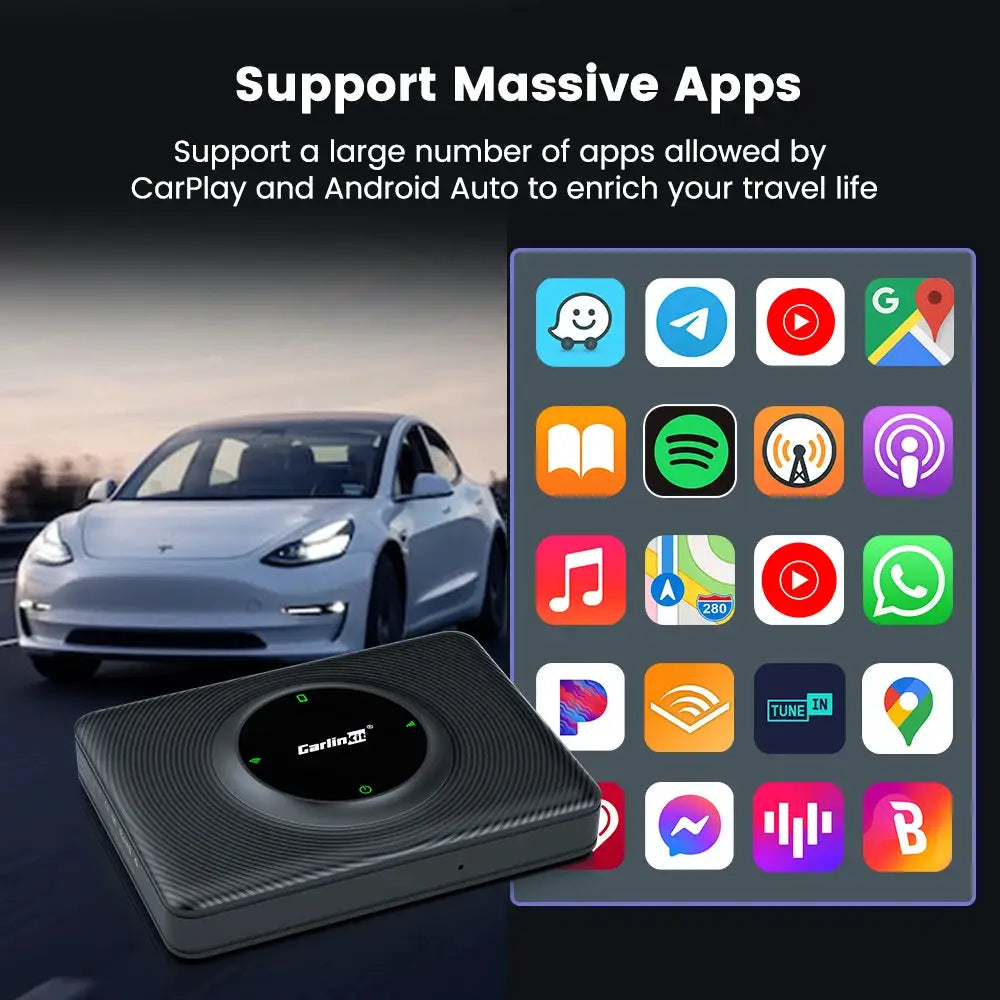 T2C CarlinKit wireless CarPlay/Android Auto adapter for Tesla Model 3/Y, black box with circular center display.
