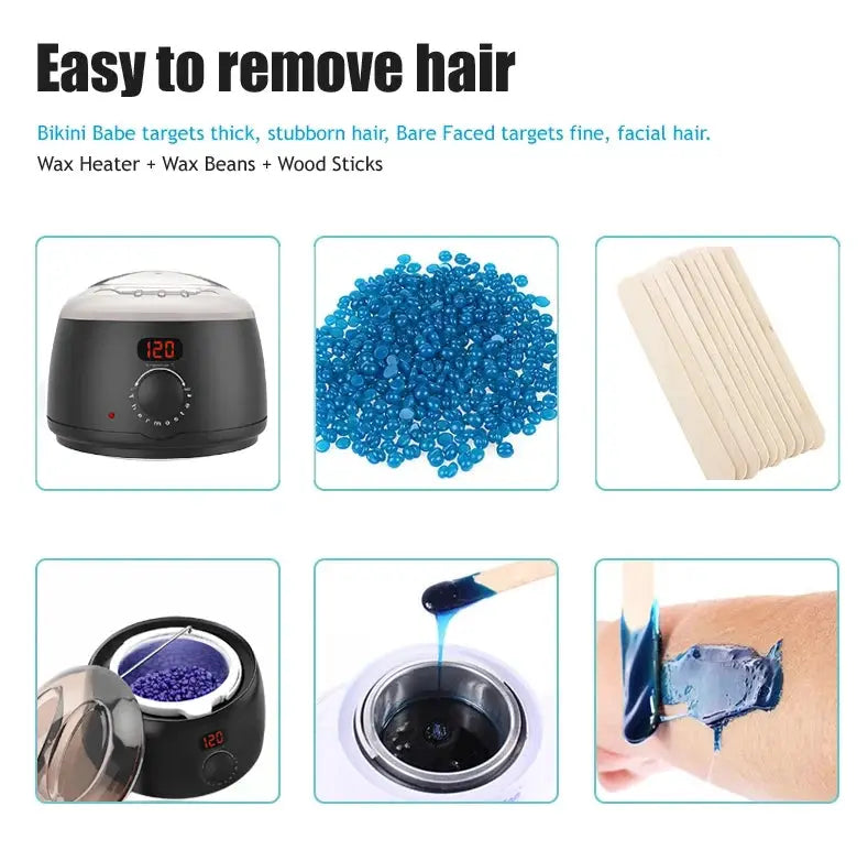 Simples Market 500ml wax heater with digital display; black unit shown with blue wax beads and wooden sticks.