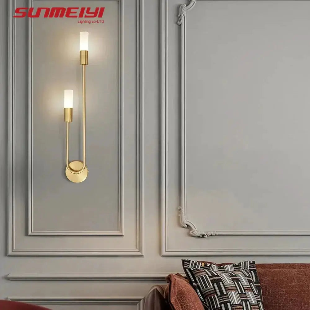 LED golden wall lamp with dual cylindrical brass lights on a circular base; modern Nordic living room decor