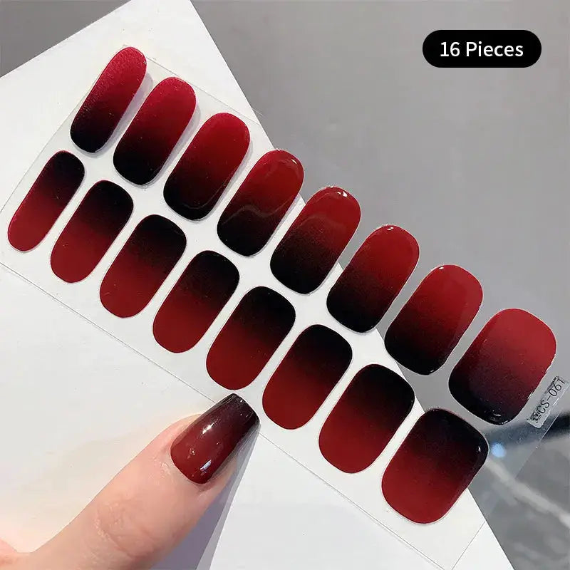 Simples Market gradient nail sticker set, 16 full-cover press-on decals in red to black ombre.