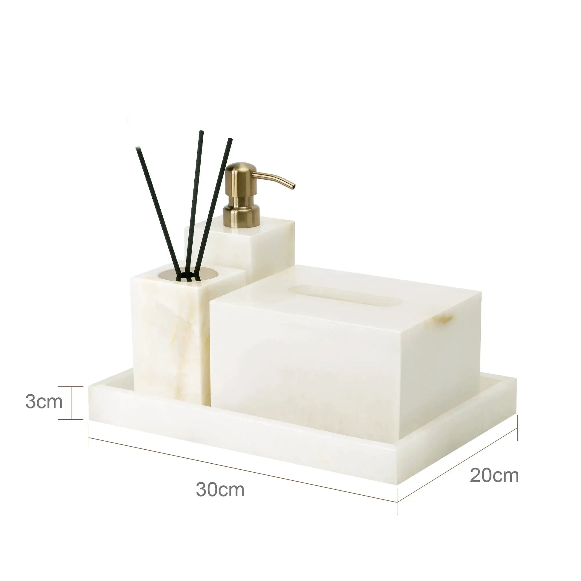 Simples Market white onyx marble 3-piece bathroom set: soap dispenser, tissue box, vanity tray.