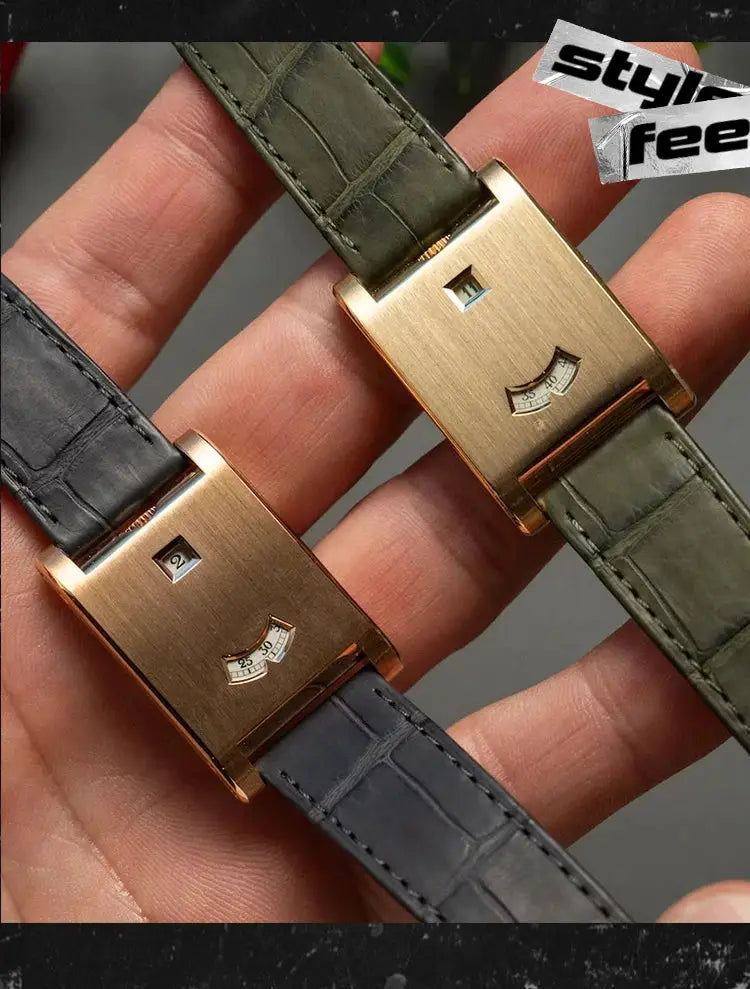 Two square gold-tone quartz watches with black and green leather straps, retro style