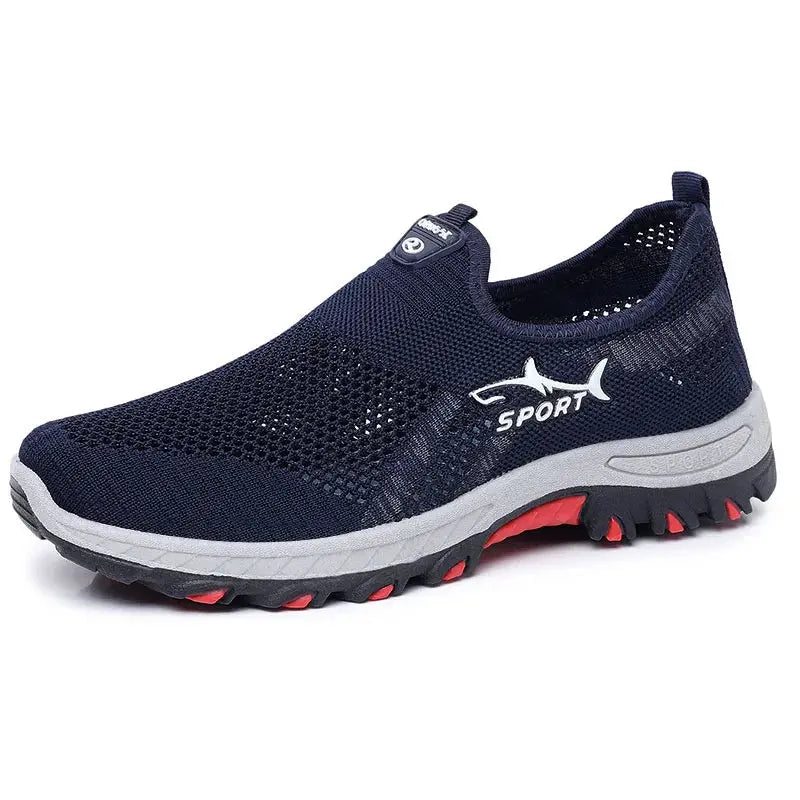 Men's navy mesh sport sneakers with breathable upper, gray midsole, red outsole accents and SPORT logo.