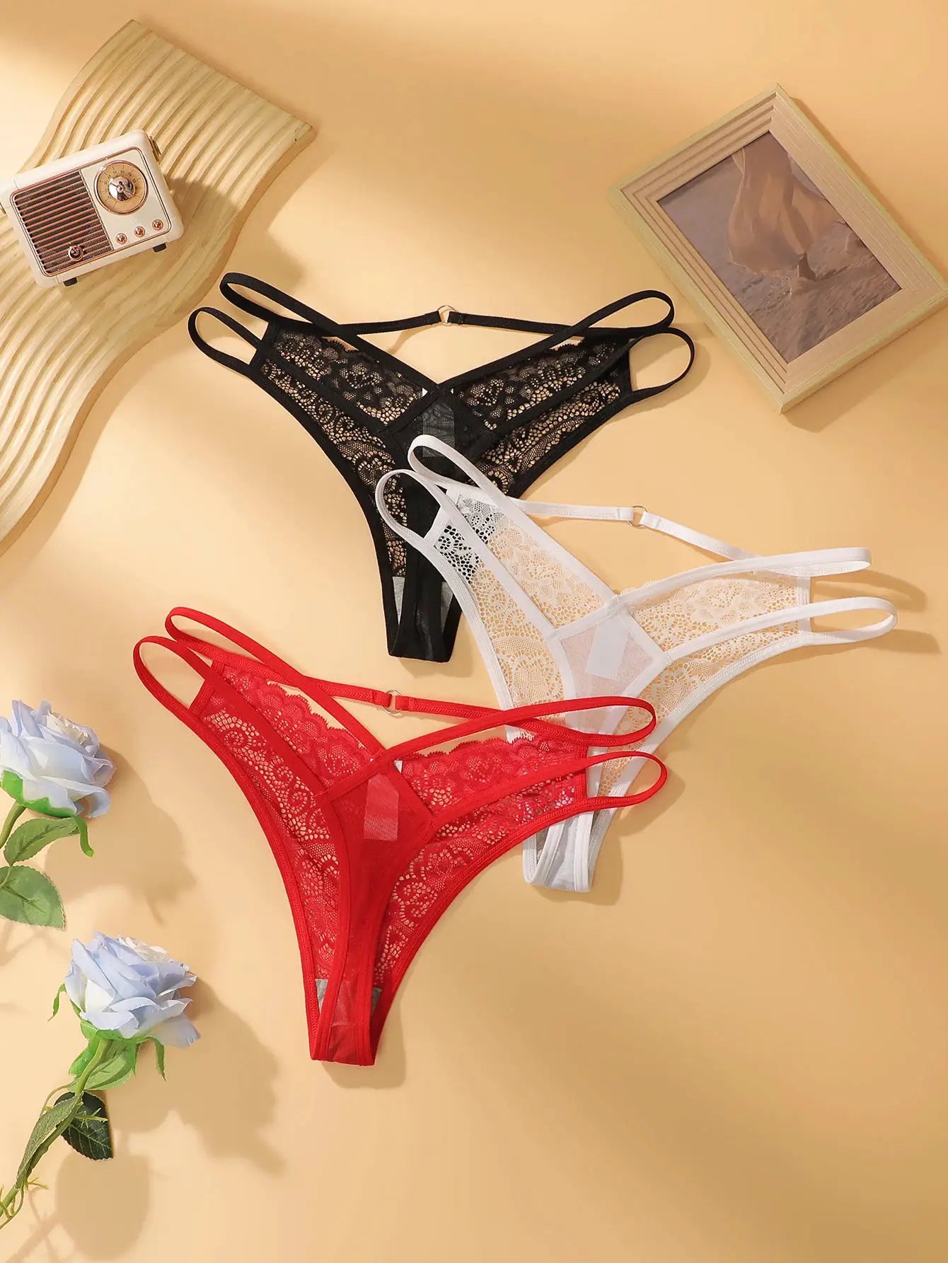 3-pack lace thongs in black, white and red; floral lace, lightweight underwear by Simples Market