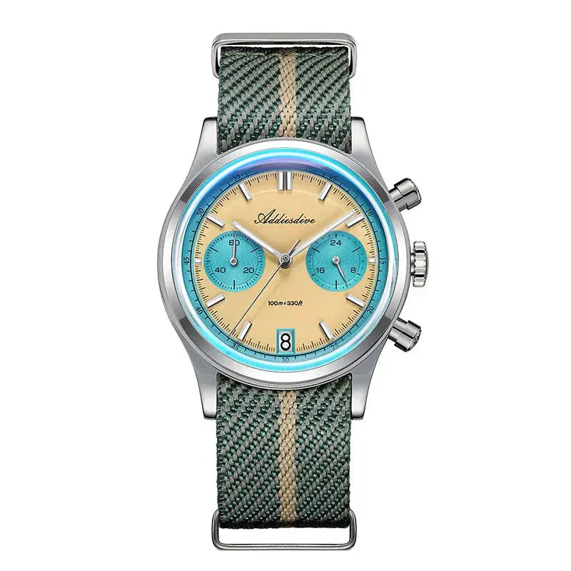 Addiesdive men's chronograph watch with beige dial, turquoise subdials, steel case, blue ring, and green striped fabric strap
