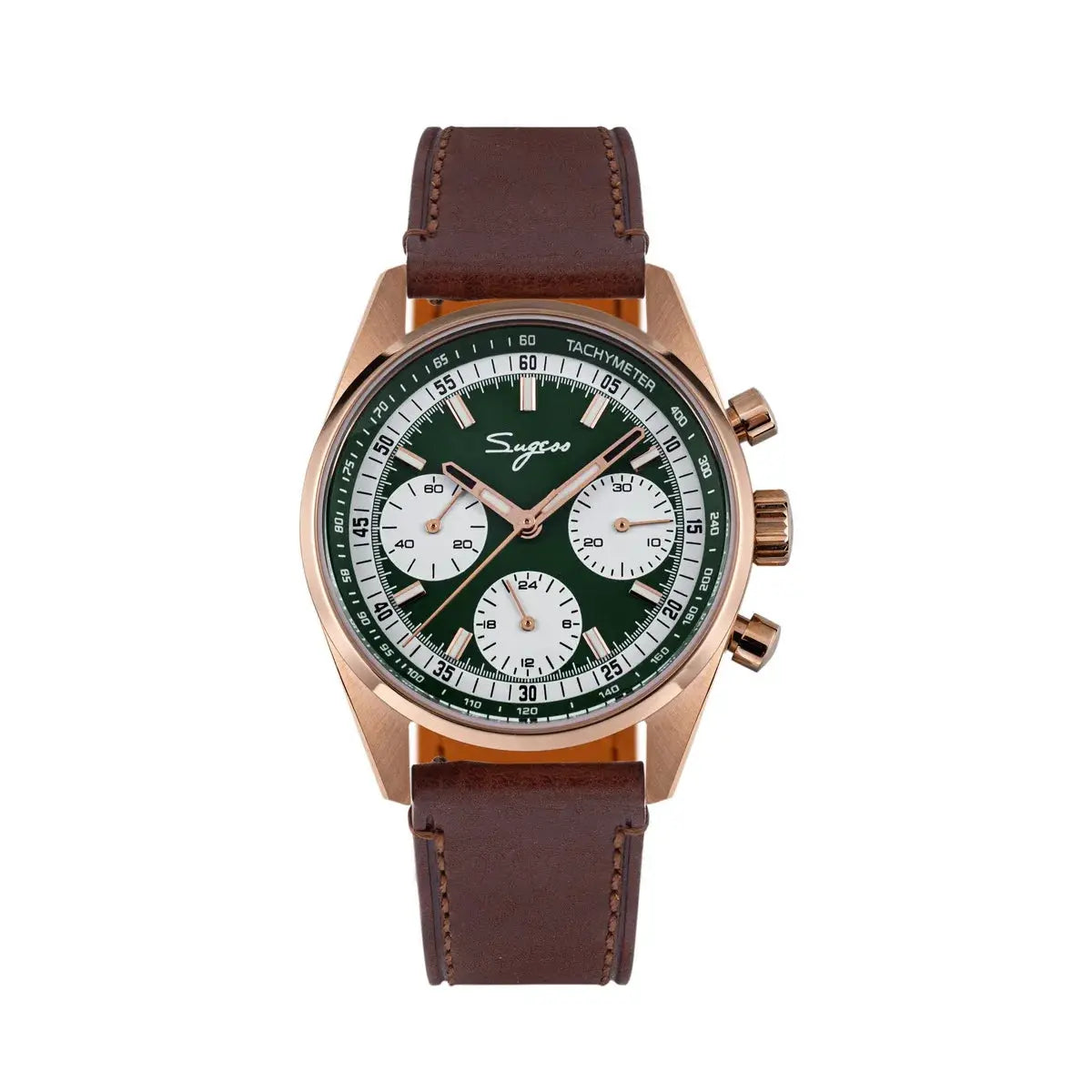 Sugess men's chronograph watch with rose gold case, green dial, white subdials, brown leather strap