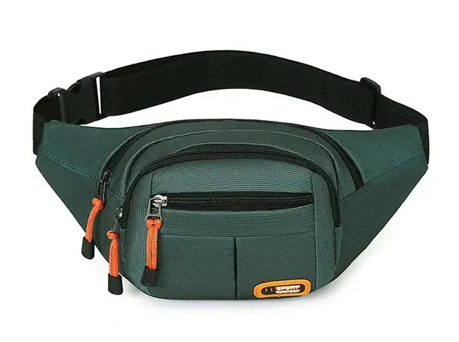 Oxford waterproof waist bag Simples Market, green fanny pack with multiple zip pockets