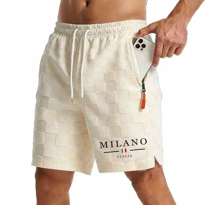 Men's Milano Italia beige checkered shorts with zip pocket and drawstring