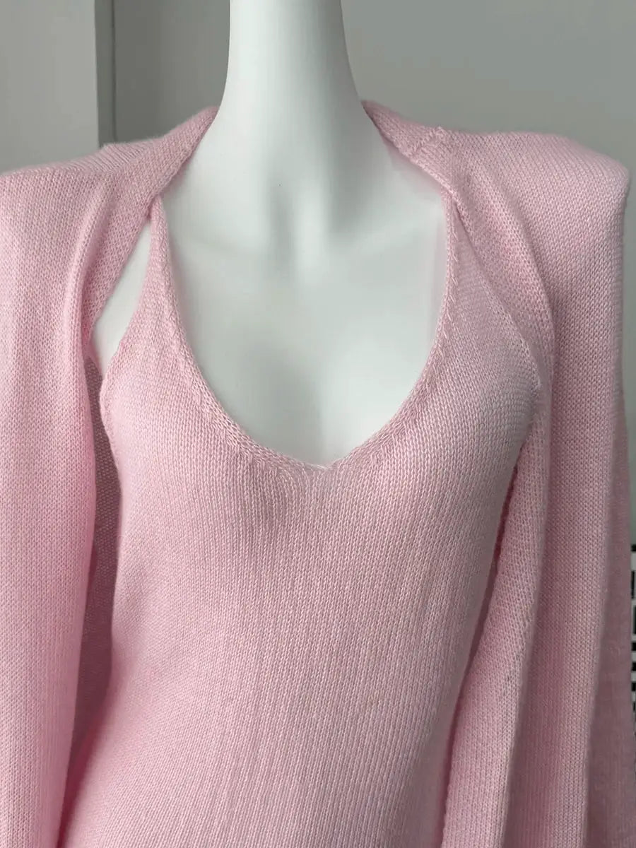 Three Piece Women Cardigan Vest Dress Set With Long Sleeve Outfit