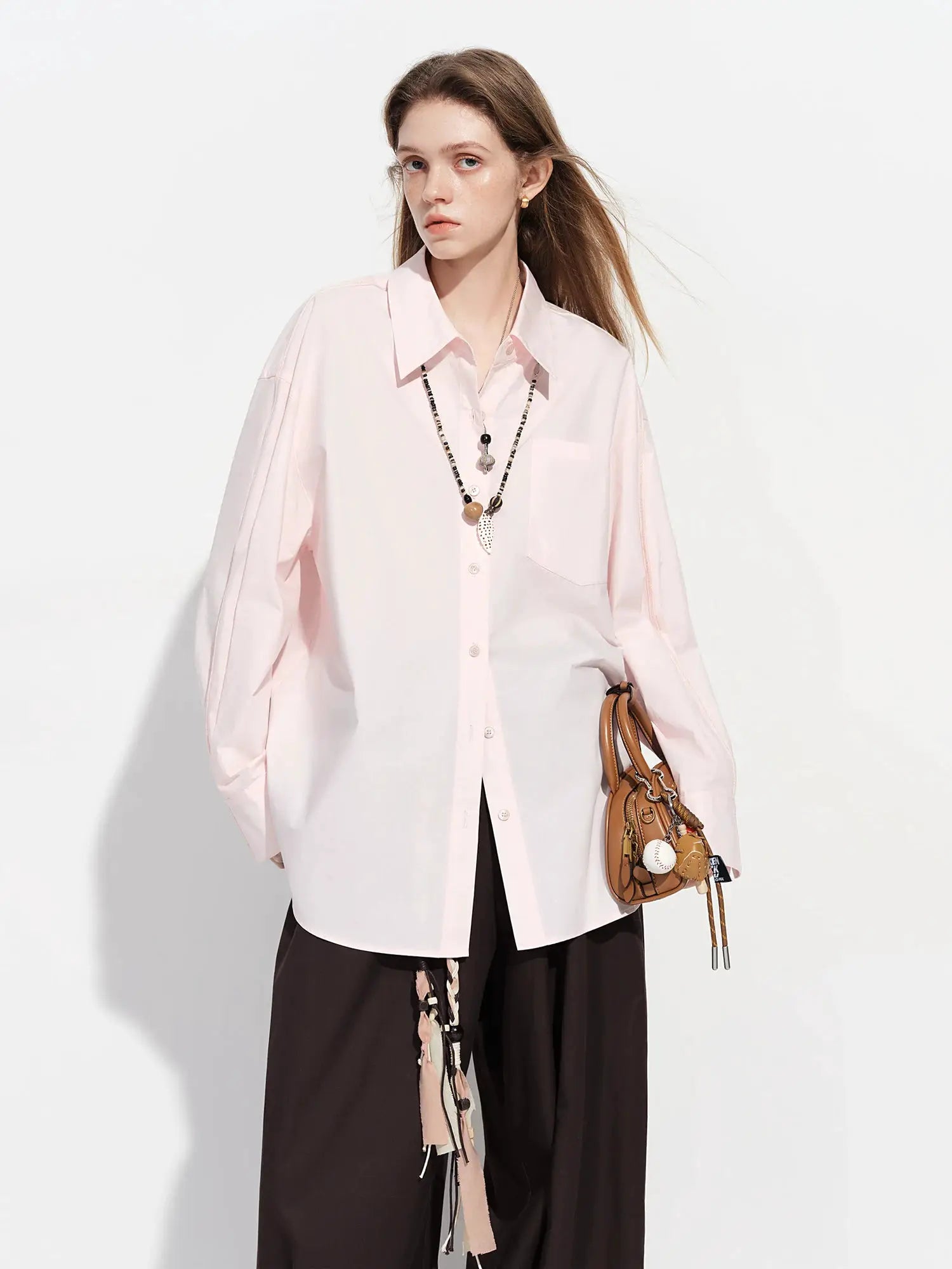 Simples Market FSLE Premium Series women's pink cotton shirt blouse, oversized long-sleeve with web strap detail