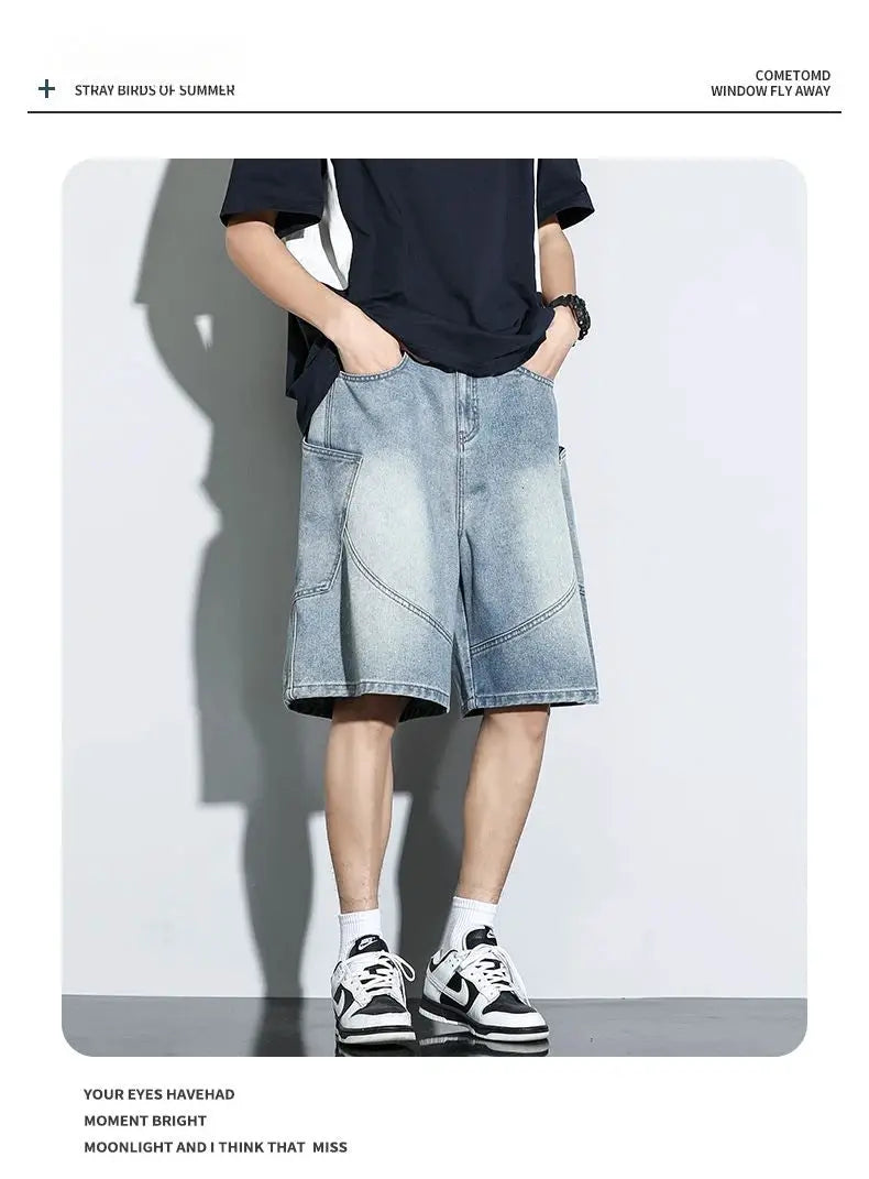 Baggy denim shorts in light wash with knee-length cut, streetwear style