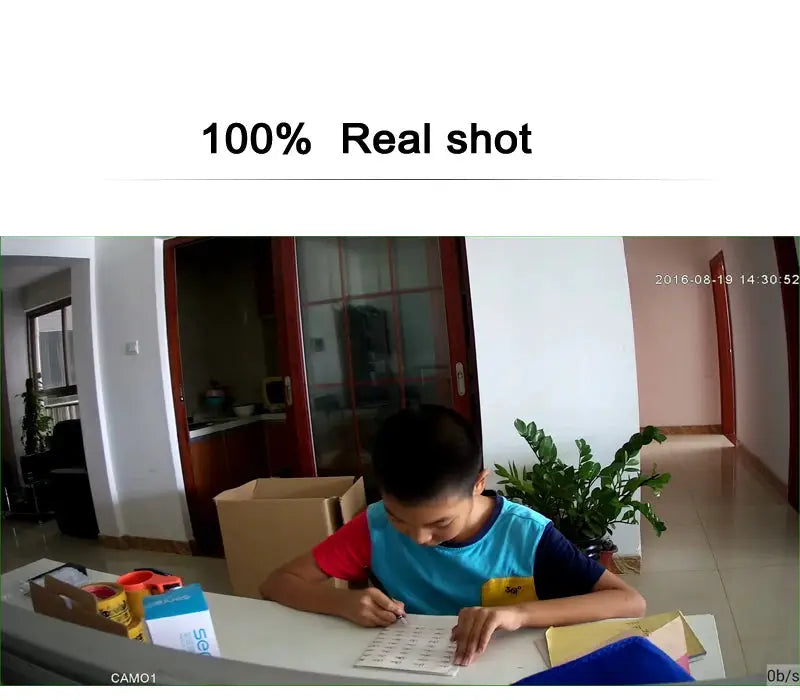 JIENUO 4K AHD CCTV camera feed indoors; CAM01 with timestamp shows a boy drawing at a desk.