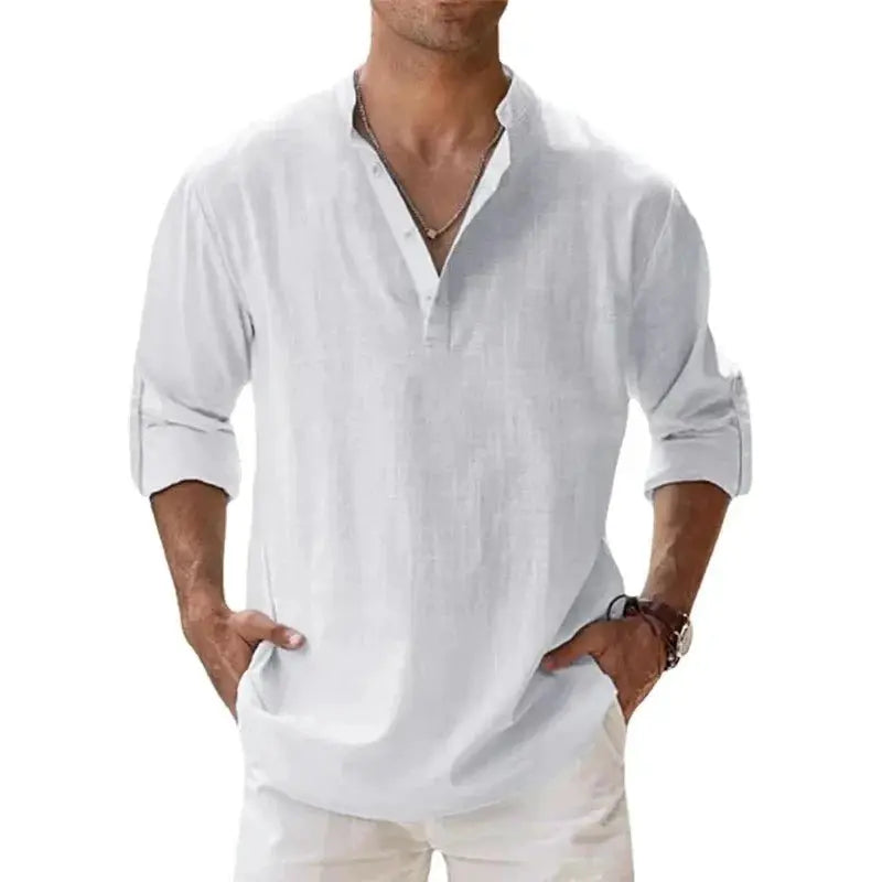 Men's Lightweight Long Sleeve Henley Shirts Cotton Linen Blend Breathable Casual Beachwear Tee