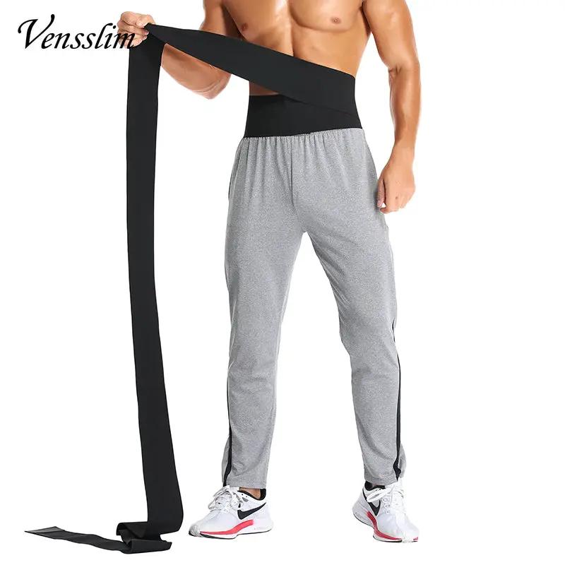 Simples Market men's black neoprene waist trainer wrap with long strap, shown with grey jogger pants