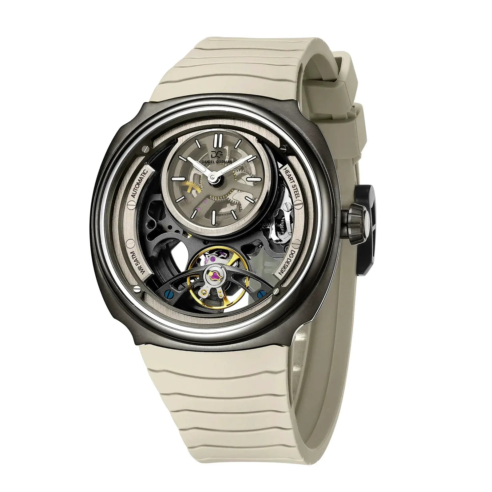 DANIEL GORMAN men's automatic skeleton watch with beige silicone strap and visible gears