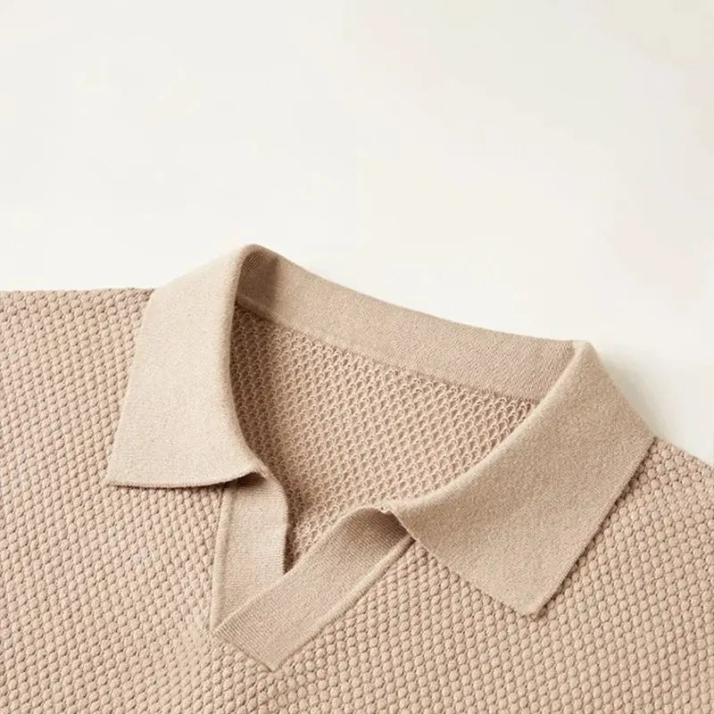 Men's knitted polo shirt by Simples Market, beige breathable knit, short sleeves