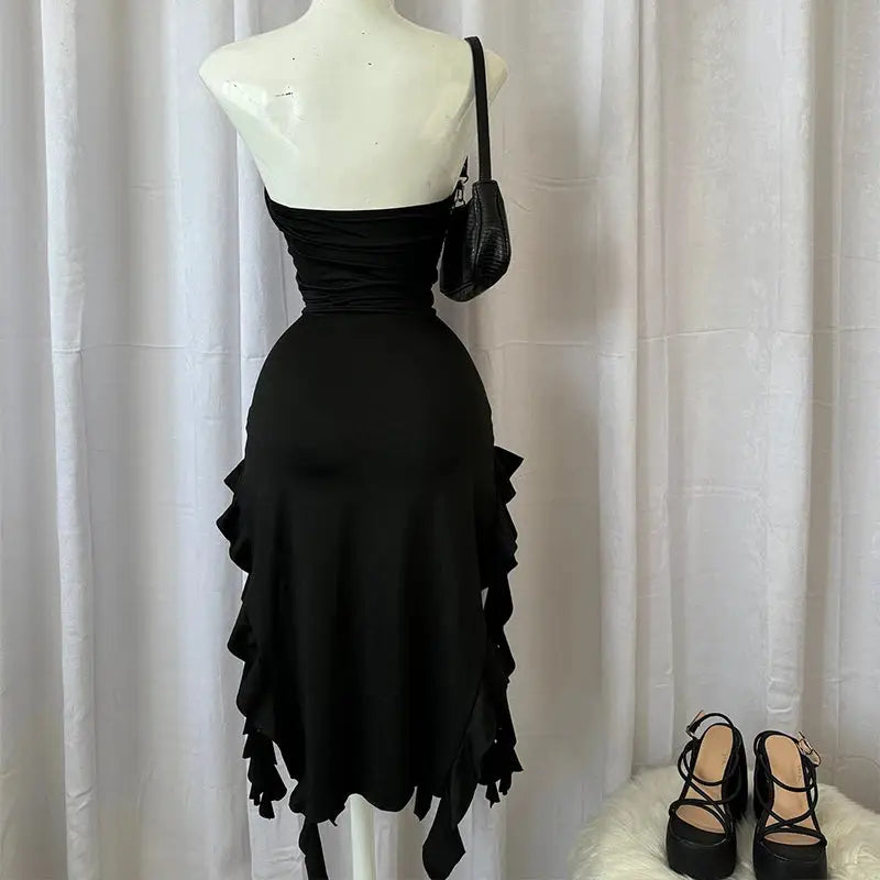Women's Strapless Floral Mini Dress High Slit Folded Hem Backless