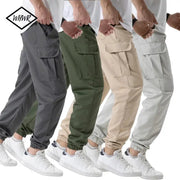 Men's cargo joggers with pockets and drawstring waist in four colors: dark gray, olive, beige, and light gray