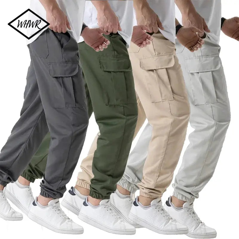 Men's cargo joggers with pockets and drawstring waist in four colors: dark gray, olive, beige, and light gray