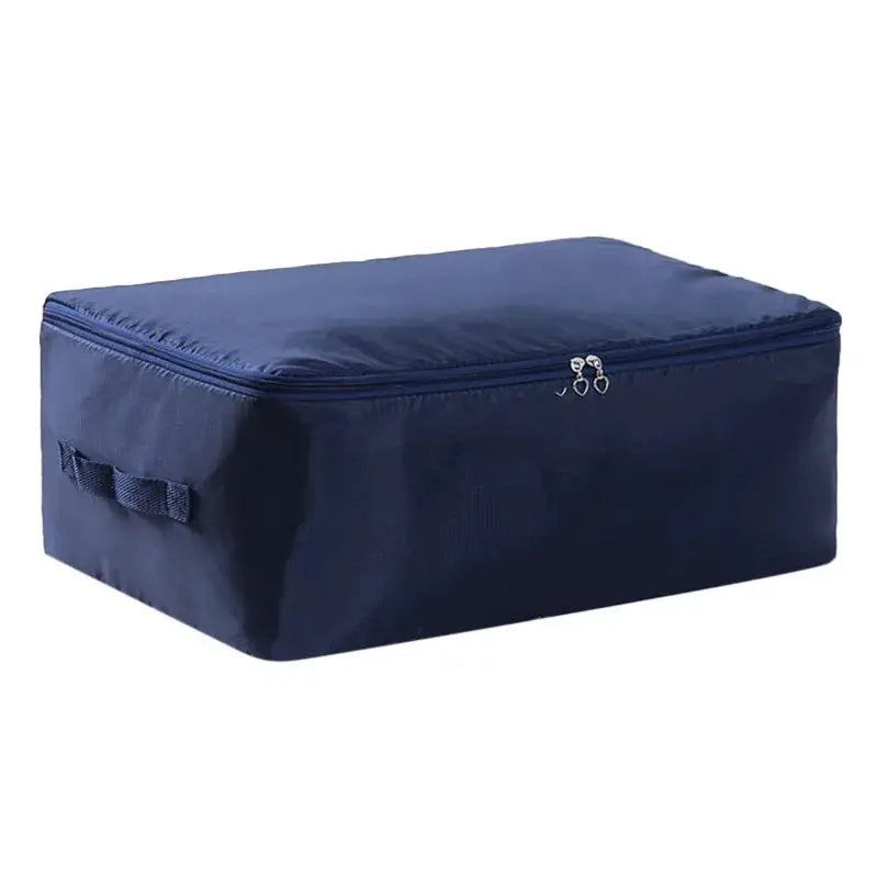 Large navy blue zipper clothes organizer bag with side handles, ideal for bedding storage.