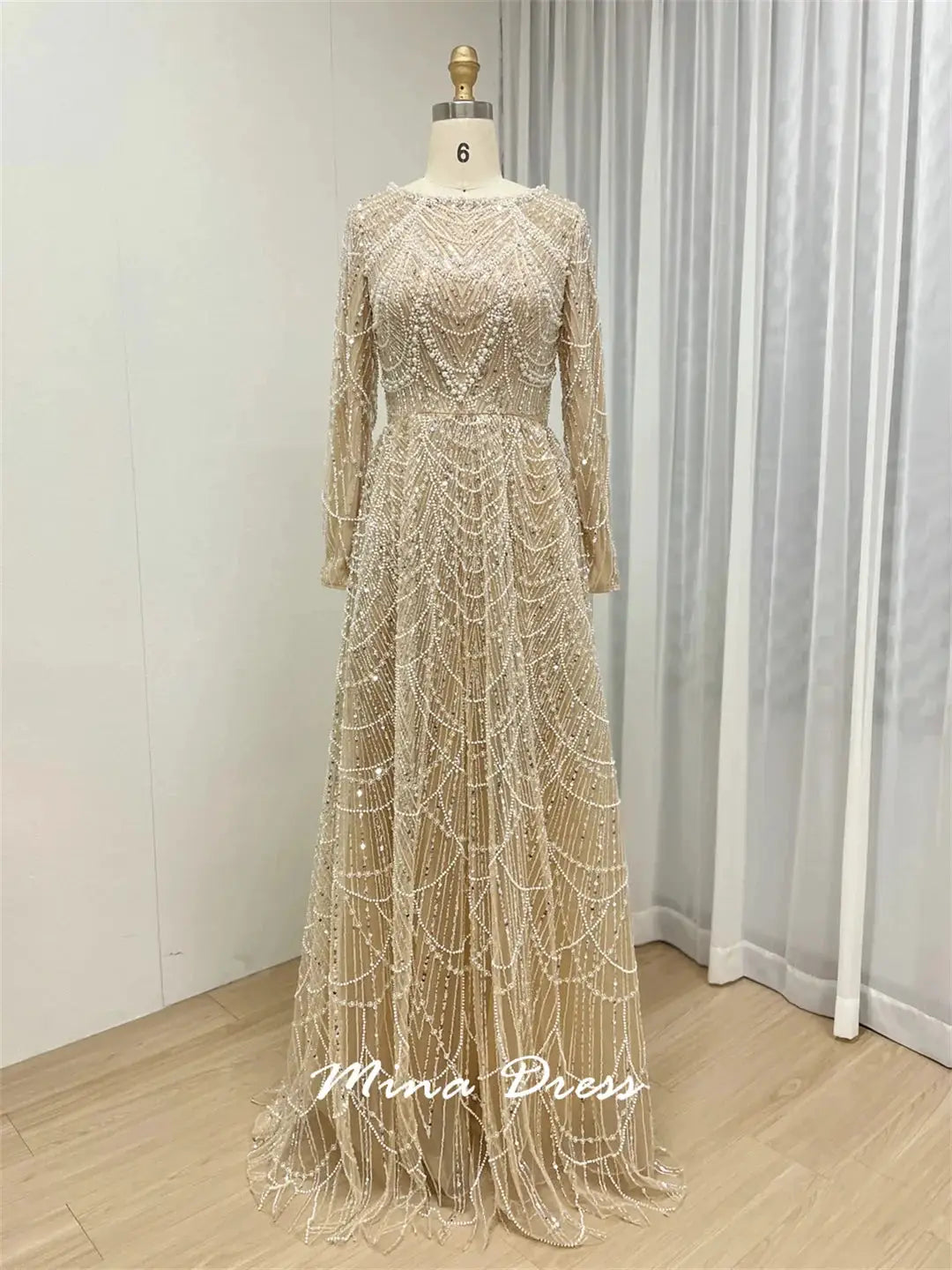 Mina Luxurious Beaded Sequin Dress Long Sleeve Round Neck Formal