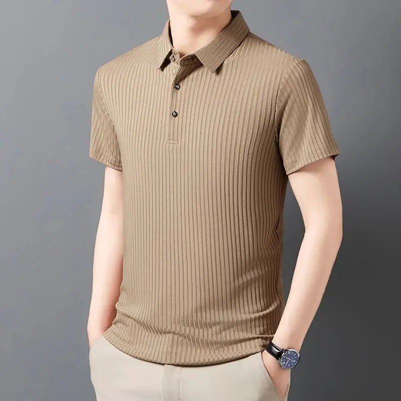 Men's beige ribbed polo shirt with collar, short sleeves for casual summer wear.