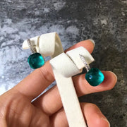 Pair of crystal candy style drop earrings with teal green 10mm crystals and pavé hoops, Simples Market