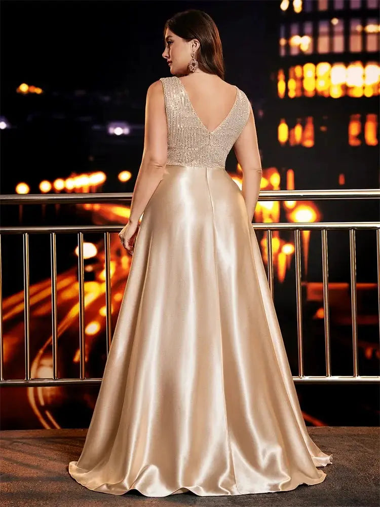 Plus Size Elegant Sequins Evening Dress Deep V Neck Satin Gown