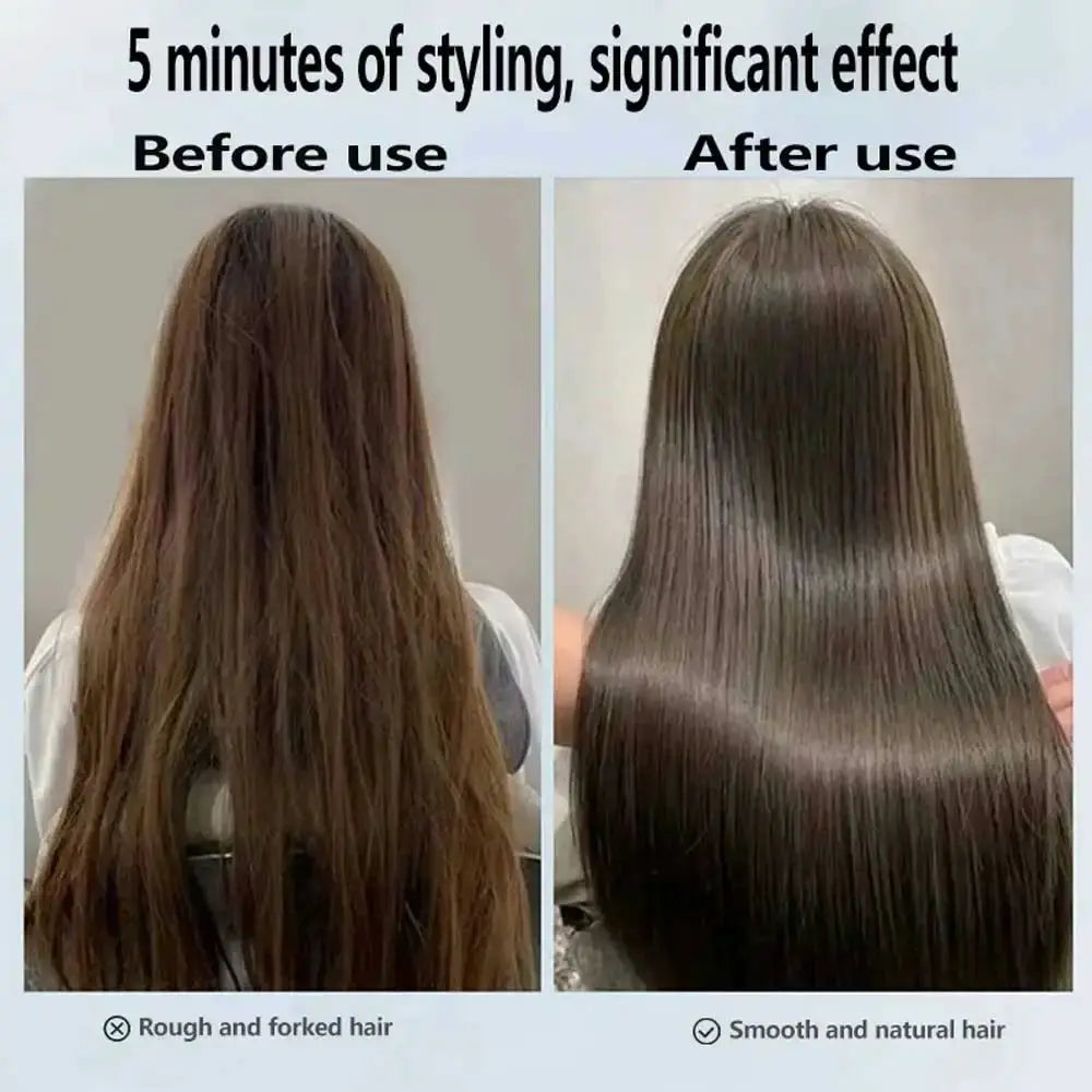 Simples Market 2-in-1 negative ion hair dryer and straightener; before vs after shows smooth, shiny brown hair