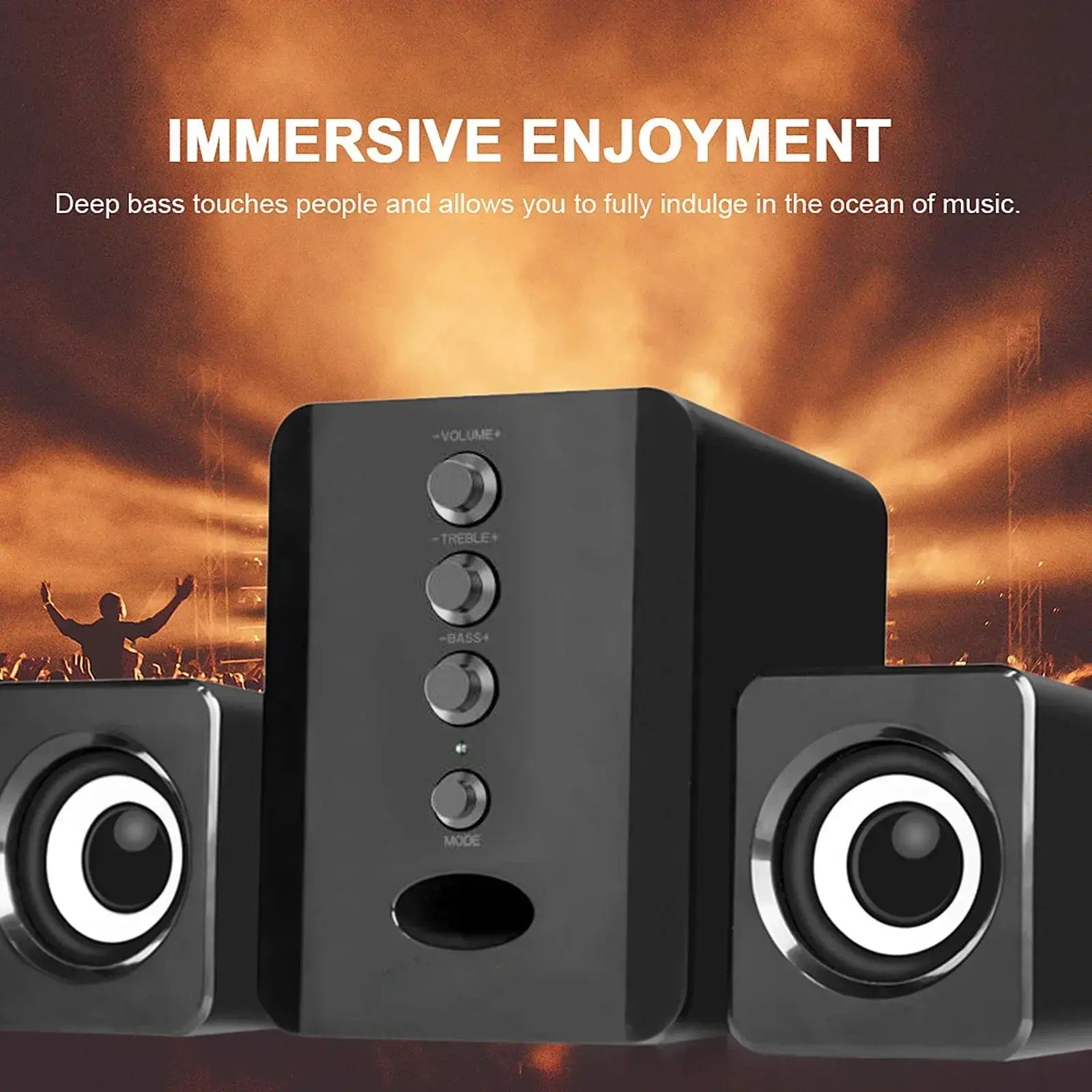 XIKCU three-piece PC speaker system with central control panel and two satellite speakers, black USB stereo set