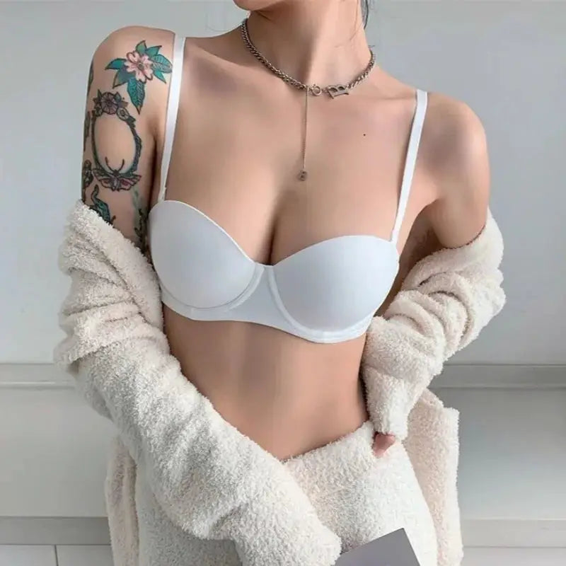 Women seamless half-cup push-up bra, white non-wire with 2-hook back closure