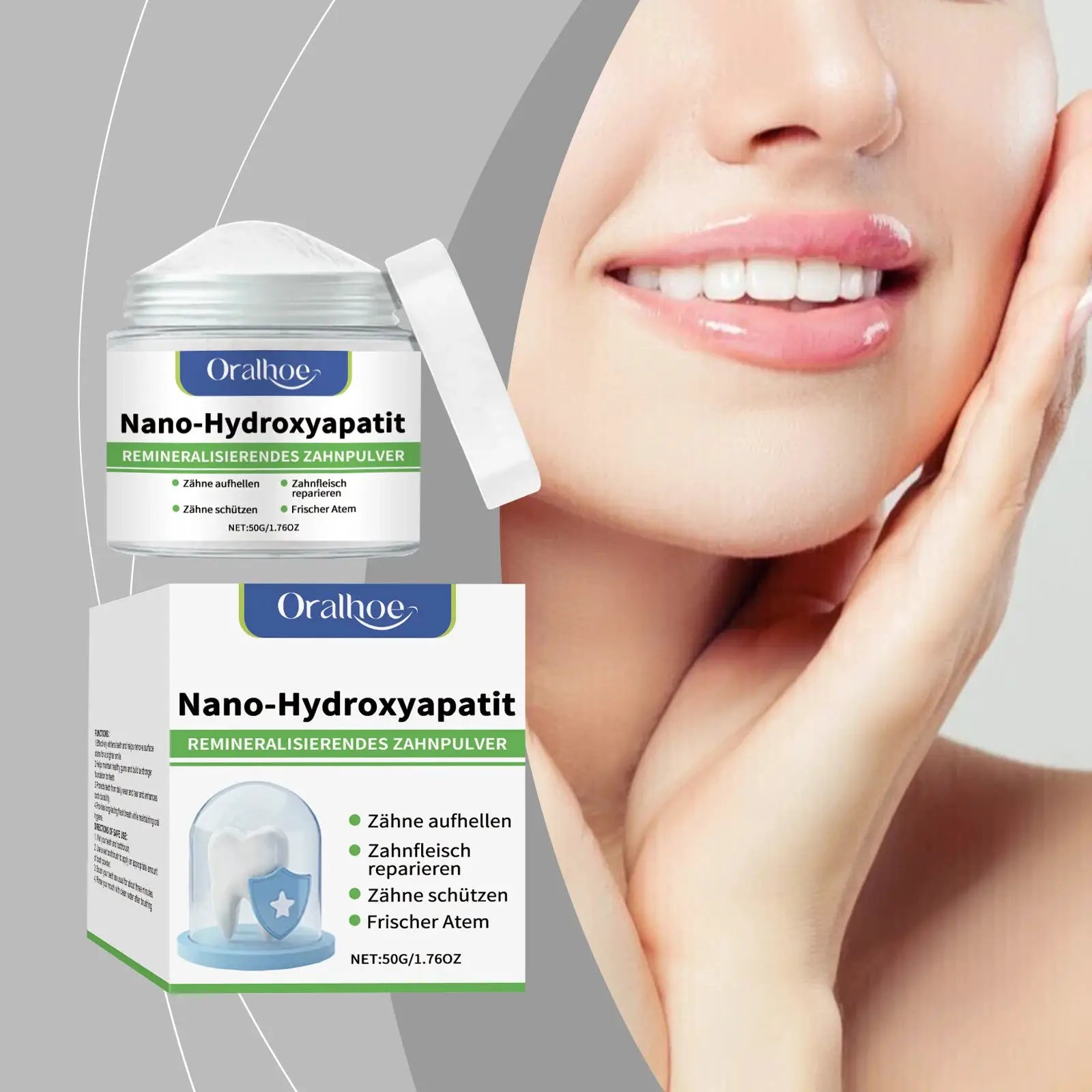 Oralhoe Nano-Hydroxyapatit remineralising tooth powder set with jar and box, white whitening powder