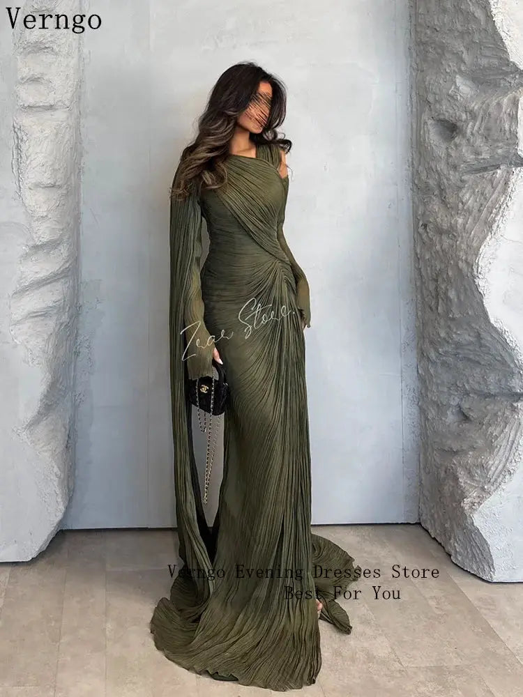 Verngo Green Shiny Formal Evening Dress O Neck Sleeves Prom Gown